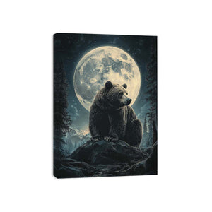 Majestic bear under a full moon in a forest landscape for rustic living room wall art.
