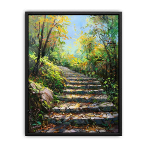 Sunlit forest stairs illustration for biophilic bedroom and hallway decor.