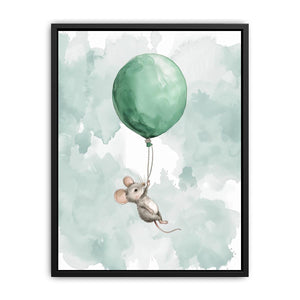Whimsical watercolor mouse with green balloon for nursery wall decor.