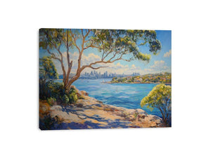 Australian harbour canvas art with eucalyptus trees and city skyline for living room decor.