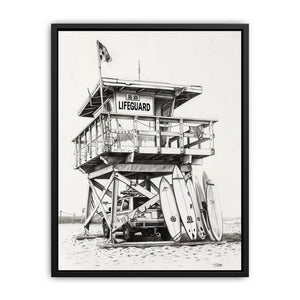 Black and white lifeguard tower drawing with surfboards for coastal wall decor.