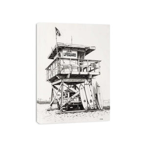 Black and white lifeguard tower drawing with surfboards for coastal wall decor.