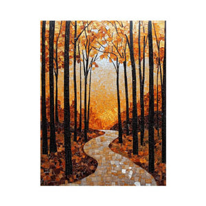 Warm autumn forest mosaic with winding path for cozy hallway wall decor.