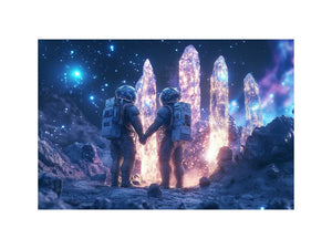 Surreal astronaut couple with glowing crystals for modern bedroom and office wall decor.