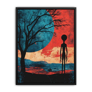 Surreal alien silhouette under red sky with teal moon for modern living room decor.