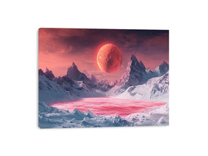 Red alien moon above snowy mountains and pink frozen lake for modern space wall art.