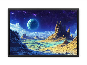 Vivid alien planet landscape with gold mountains and blue starry sky for modern decor.