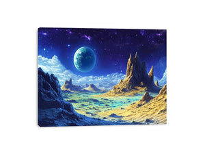 Vivid alien planet landscape with gold mountains and blue starry sky for modern decor.