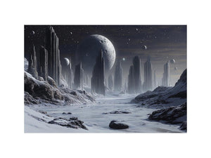 Frozen lunar city with tall futuristic towers and moons for modern sci-fi wall decor.