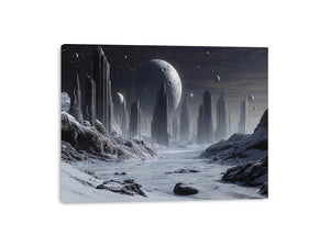 Frozen lunar city with tall futuristic towers and moons for modern sci-fi wall decor.