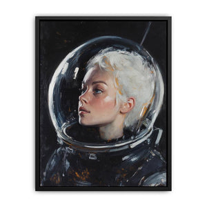 Painterly female astronaut portrait in helmet for elegant modern office or bedroom decor.