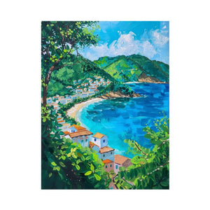 Mediterranean coastal village with blue bay and green trees for bright living room decor.