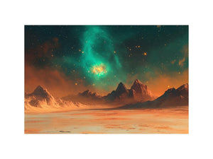Teal nebula over orange alien mountains and desert for wide modern space wall art.