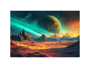 Alien ringed planet over orange desert mountains for bold sci-fi living room wall art.