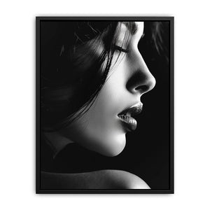 Black and white woman profile portrait with dramatic light for luxury bedroom wall art.
