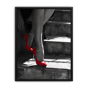 Red high heels on black and white stairs for glam fashion bedroom or hallway wall art.