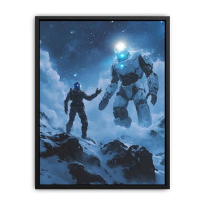 Sci-fi robot and explorer canvas art in snowy mountains for modern office decor.