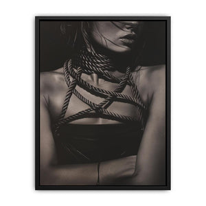 Black and white fashion portrait canvas with rope detail for luxury bedroom decor.