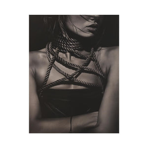 Black and white fashion portrait canvas with rope detail for luxury bedroom decor.