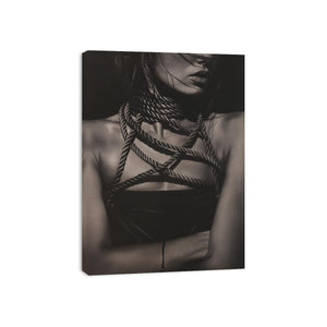 Black and white fashion portrait canvas with rope detail for luxury bedroom decor.