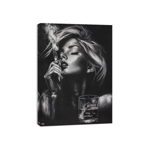 Glam black and white woman portrait canvas with perfume and smoke for bedroom decor.
