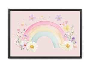 Watercolor rainbow and flowers wall art for nursery or kids bedroom decor.