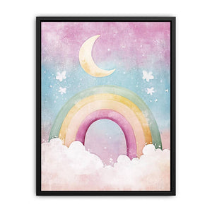 Crescent moon and rainbow canvas art for dreamy nursery decor.