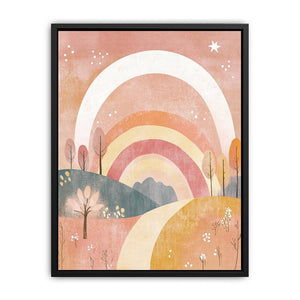 Boho rainbow landscape canvas art for warm nursery or bedroom decor.