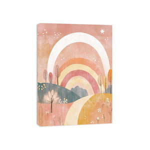 Boho rainbow landscape canvas art for warm nursery or bedroom decor.