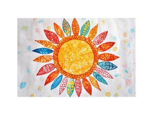 Colorful patterned sun canvas art for kids room or creative office decor.