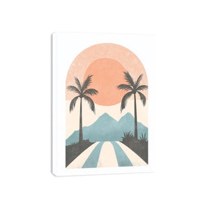 Tropical palm sunset canvas art for modern coastal bedroom decor.