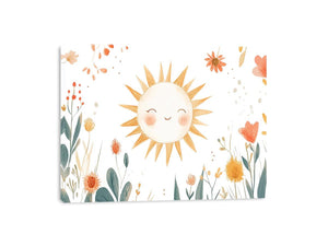 Smiling sun and garden flowers canvas art for nursery wall decor.