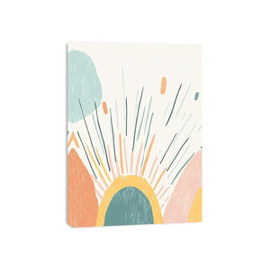 Pastel abstract sunrise canvas art with teal and coral rays for bright modern room decor.