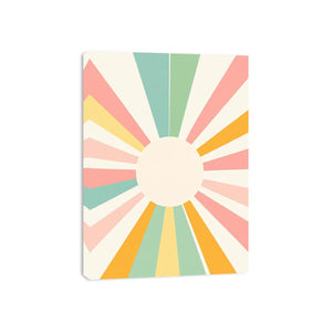 Pastel geometric sunburst wall art with soft colorful rays for a cheerful modern nursery or office.