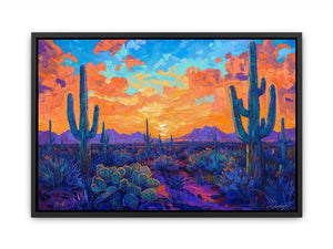 Vibrant desert cactus sunset wall art with saguaro, mountains and bold colors for living room decor.