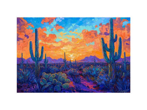 Vibrant desert cactus sunset wall art with saguaro, mountains and bold colors for living room decor.