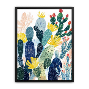 Colorful prickly pear cactus botanical wall art with yellow flowers for cheerful kitchen decor.