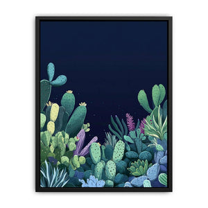 Moody cactus botanical canvas art with navy night sky and lush succulents for bedroom decor.