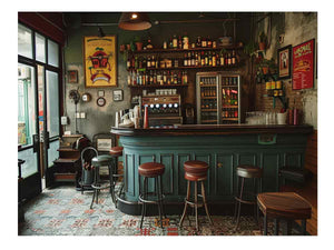 Vintage bar interior with stools and bottles for stylish home bar wall decor.