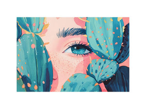 Modern portrait wall art with blue eye and teal cactus pads for bold eclectic room decor.