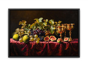 Classic fruit still life canvas art with grapes, figs and gold goblets for elegant dining room decor.