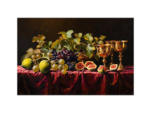 Classic fruit still life canvas art with grapes, figs and gold goblets for elegant dining room decor.