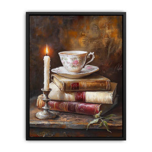 Vintage teacup and candle still life wall art with antique books for cozy reading nook decor.