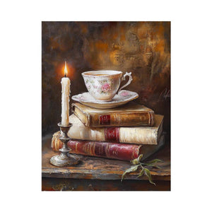 Vintage teacup and candle still life wall art with antique books for cozy reading nook decor.
