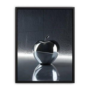 Glossy black apple sculpture wall art with reflective modern lighting for luxury office decor.