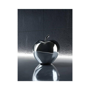 Glossy black apple sculpture wall art with reflective modern lighting for luxury office decor.