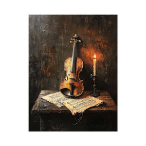 Vintage violin and candle still life canvas art with sheet music for refined music room decor.