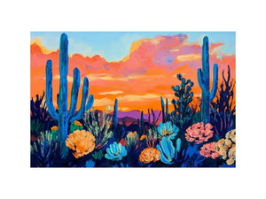 Vibrant desert cactus canvas art with sunset flowers for modern living room decor.