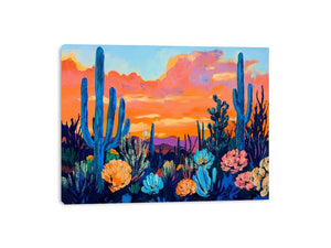 Vibrant desert cactus canvas art with sunset flowers for modern living room decor.