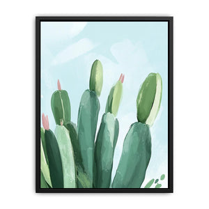 Soft green cactus canvas art with pale blue sky for modern bedroom decor.